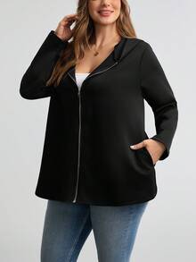 Comfylo 大码女式冬季外套，大码秋季休闲黑色外套，万圣节服装，女式冬季拉链连帽外套，带口袋，飞行员夹克，女式黑色外套，口袋设计，适合秋冬季外出穿着，秋季百搭。 - 黑色 - 查看 5