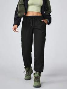 Flexra 女式抽绳腰带口袋锥形休闲牛仔裤 - 黑色 - 查看 5