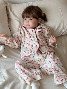 Hapijoa 2 件套女婴卡通印花可爱睡衣，春秋季，幼儿秋季服装 - 淺粉色 - 查看 3