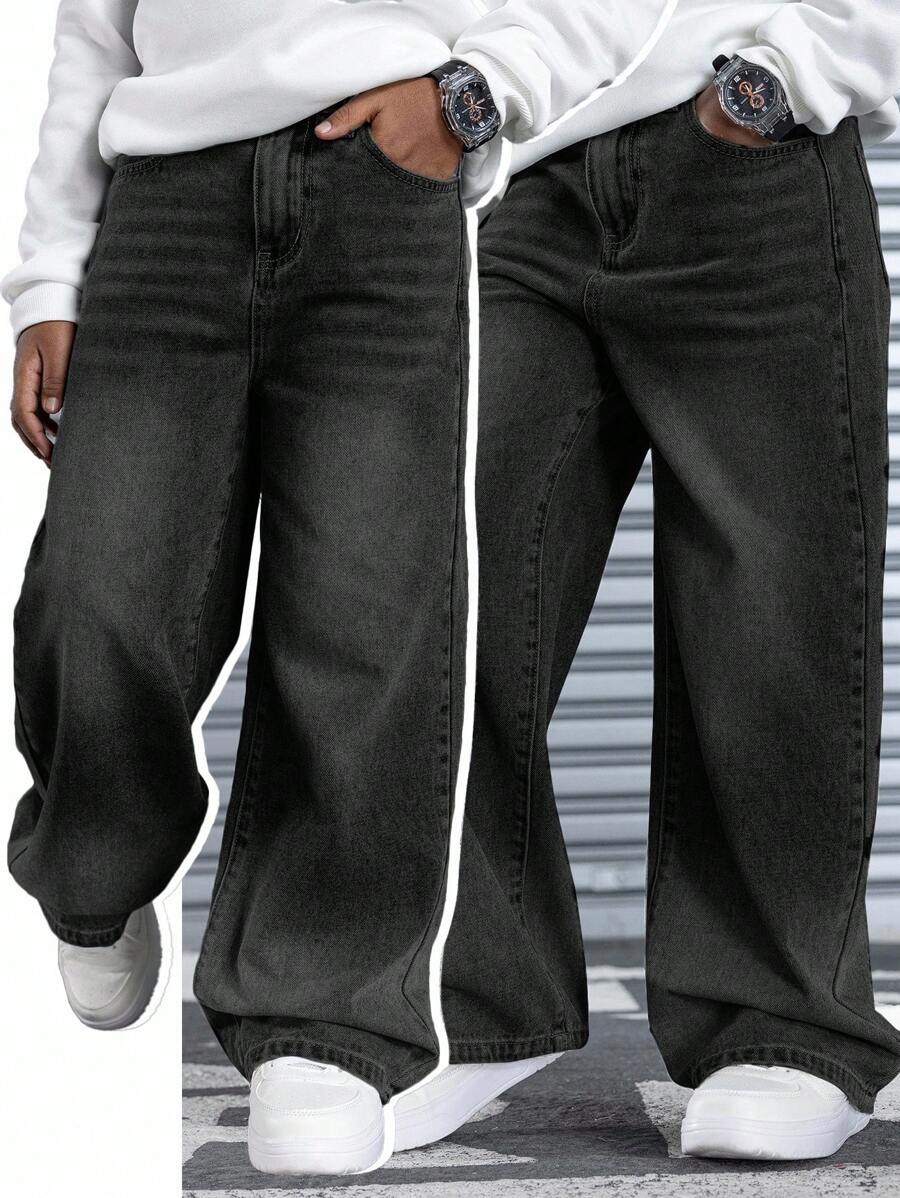 SHEIN 青少年男孩时尚休闲复古水洗蓝色宽松直筒牛仔裤，适合日常穿着和街头服饰