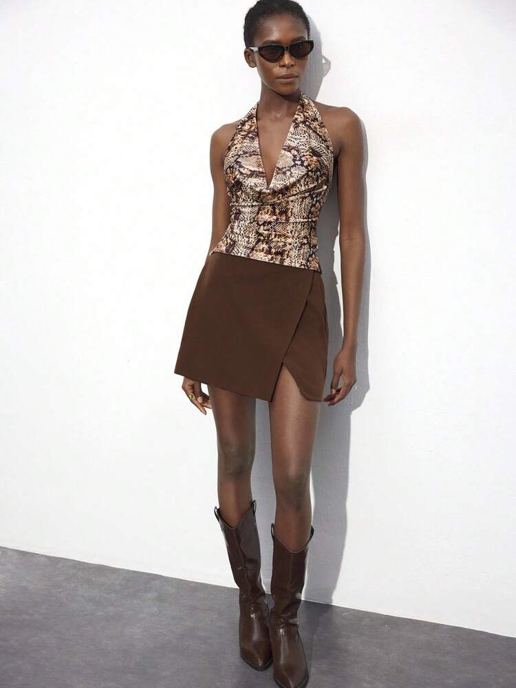 SHEIN Maija Autumn/Winter New Year Brown Animal Print Open Back Tie Up Crop Top,Festival