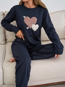 EURMUSE 2pcs Contrast Colour Heart Embroidery Detail Homewear PJ Set - Navy Blue - View 5