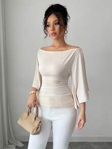 Selianne Camiseta elegante de mujer con cuello de barco y manga acampanada de punto - Albaricoque - Ver 5