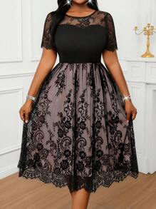 Fleurora Đầm ren chắp vá cổ tròn tay ngắn thanh lịch cỡ lớn, phù hợp cho trang phục du ngoạn mùa hè dành cho nữ, đầm trang trọng dành cho nữ - Bụi hồng - Xem 6