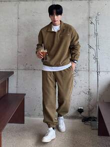 DAZY Men's Autumn Half-Zip Textured Fabric Pullover Sweatshirt & Pants Set - Khaki - View 1