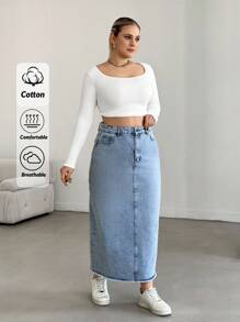 EURMUSE HIGH RISE MAXI DENIM SKIRT WITH SLIT - Medium Wash - View 1