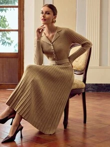 ZEYLAH Women's Solid Color Half-Zip Long Sleeve Pleated Sweater Dress Fall /Winter Clothes