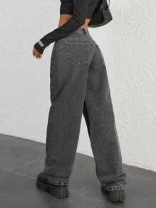 EURMUSE Casual Washed Vintage Low Waist Straight Leg Jeans - Grey - View 2