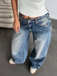 EURMUSE Low Waist Y2K Wide Leg Jeans, Minimalist & Fashionable, Suitable For Summer Women's Outfits Work Outfits For Women Women's Summer Tops Women's Spring Tops Women Summer Clothing Women Clothing Y2k Women's Summer Clothes Women Summer Sets - Dark Wash - View 5