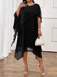 Rometta 优雅通勤和派对休闲女士时尚畅销百搭舒适雪纺面料圆领短袖多层中长连衣裙，海军蓝，加大码 - 黑色 - 查看 4