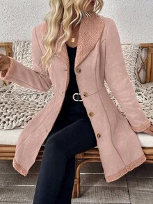 SHEIN Clasi Women's Solid Color Lapel Long Sleeve Front Button Casual Jacket Thermal,Fall