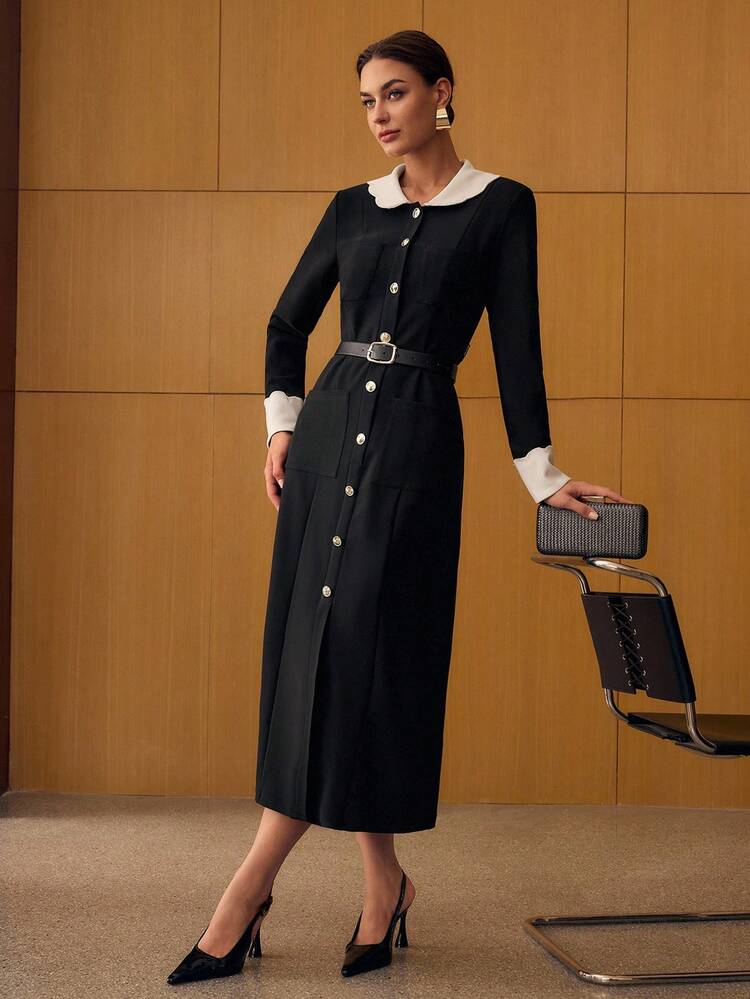 BUTTON UP BELTED DRESS
