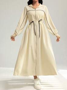 Al Najma 女士休闲连帽长袖拉链夹克，春秋季，休闲长袍运动衫风格女士外套，适合日常休闲/返校/旅行 - 杏色 - 查看 6