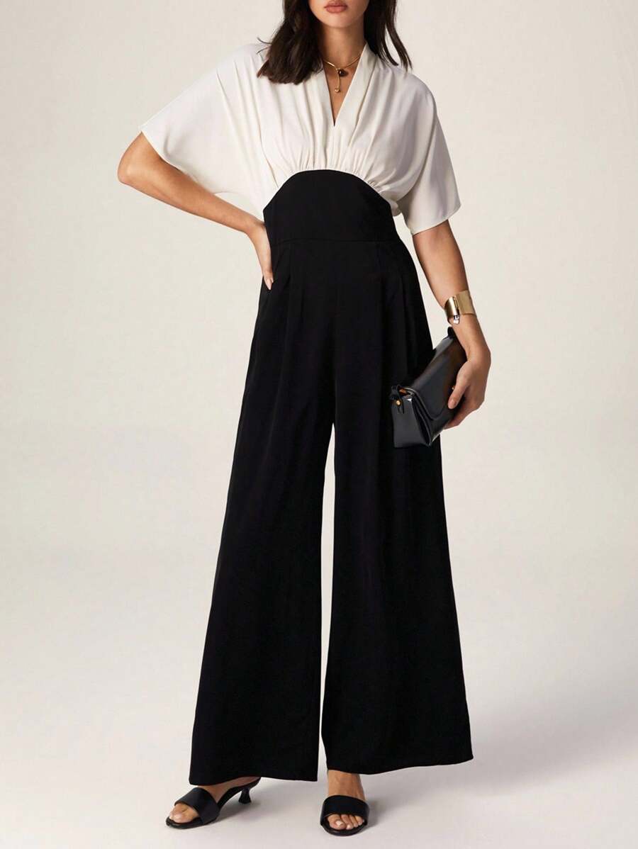 Modelyn Fashionable New Simple Color Block Women Batwing Sleeve Jumpsuit - Black - View 1
