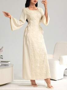 Yasmyna Vestido de mujer con cuello cuadrado elegante, parches y bordados en la cintura con lazo, para primavera/verano