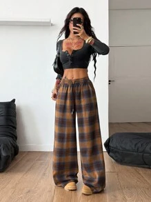 Coolane 女士秋季街头复古外出休闲宽松格纹阔腿裤 - 彩色 - 查看 4