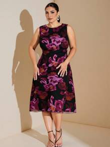 SHEIN BAE Plus Size Women Spring Summer Black Mesh Floral Print Elegant Mid-Length Bodycon A-Line Dress/Cocktail Skirt/Summer Dresses/Formal Dresses For Women/Fall Wedding Guest Dress Curve/Club Outfits Women Sexy/Teacher Outfits Plus Size/Halloween Plus Size/Halloween Clothes/Airport Outfit For Ladies/Western Women Outfits/Back To School/Birthday Dresses For Women/Plus Size Dresses/Holiday Women Outfits/Rave Outfits/Off Shoulder/Elegant Dress,Homecoming Dress