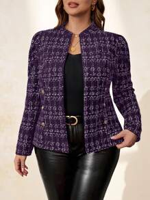Chikora Chaqueta de mujer de talla grande con hebilla metálica y textura de tweed, elegante y versátil para uso diario, negocios, transporte, otoño e invierno - Morado - Ver 6