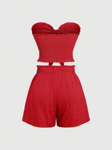Sweetra Women's Vacation Solid Color Ruffled Bandeau Top And Shorts Set With Front Knot For New Year Clothes - Red - View 2