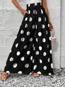 SHEIN LUNE Quần ống rộng dáng suông thoải mái, họa tiết chấm bi, cạp chun, dành cho nữ, kiểu dáng giáo viên, thích hợp mặc ở nhà. - Đen và trắng - Xem 1
