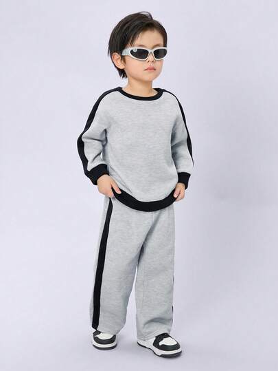 2件套年轻男童休闲运动家居服拼色宽松圆领长袖运动衫和运动裤套装