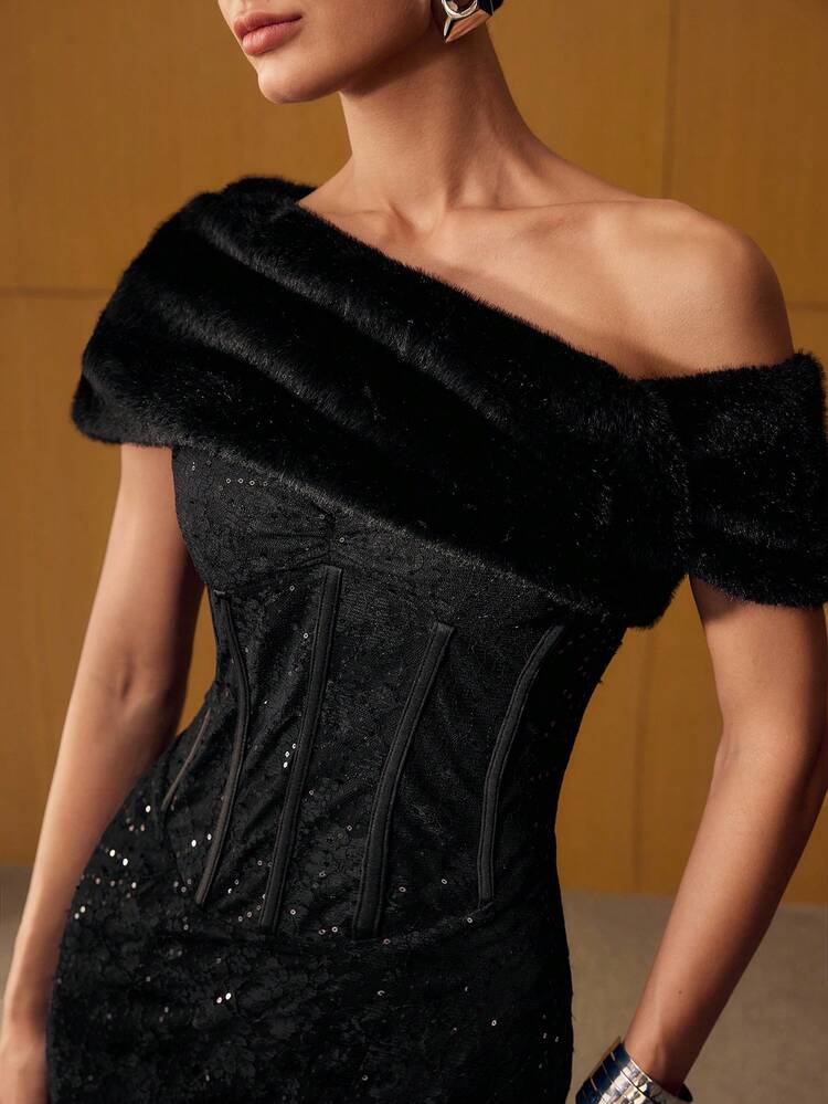 SEQUIN LACE ASYMMETRICAL SHOULDER CONTRAST FAUX FUR LONG DRESS
