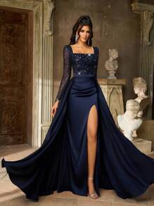 Aureia Elegante vestido de noche formal con escote pronunciado delantero, mangas largas, detalles de lentejuelas azules, patchwork de satén y gasa, abertura lateral alta y cola de pez con caída drapeada en la espalda - Azul Marino - Ver 6