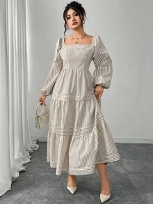 Modelyn Plus Size Women Elegant Waist Cinched Striped Long Sleeve Dress Fall Cloth For Women - Khaki - View 5