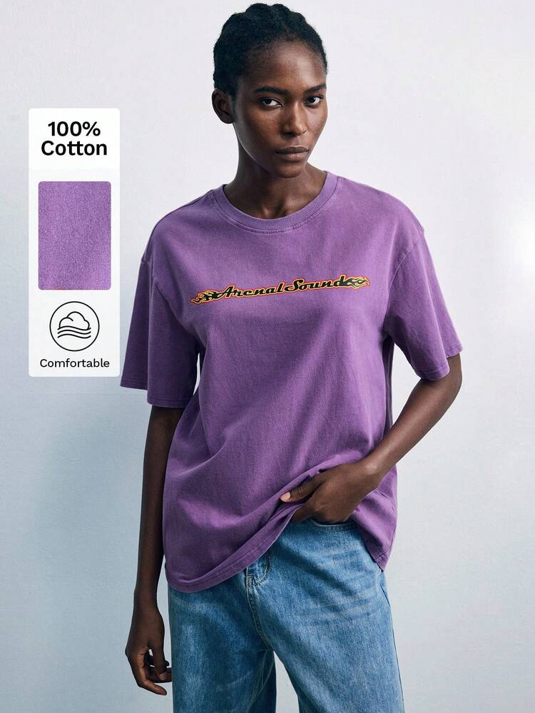 SHEIN X ArenalSound SHEIN Maija Women's Summer Letter Print Round Neck Short Sleeve Casual Versatile T-Shirt, Oversized Graphic Tees, Purple Rave Festival Top