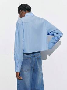 Maija 女士浪漫假日褶饰蝴蝶结长袖单排扣短衬衫，春季 - 藍色 - 查看 4