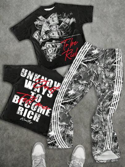 Tween Boys Casual Fashion Dollar Print Round Neck Short Sleeve T-Shirt And Classic Leaf Print Flare Pants 2-Piece Set, Suitable For Spring/Summer