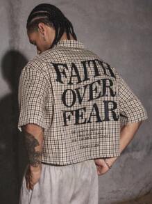 PAVTROS Manfinity Streetrush Men's Short Sleeve Boxy Silhouette Cut-Off Edge Woven Checkered Printed Button-Up Shirt Y2k Jacket Men Cropped Men's Shirt Men's Cropped Shirts Men Cropped Button Up Streetwear Men Shirts,Street Wear