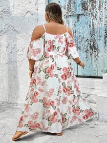 SHEIN CURVE+ 大码浪漫花卉印花裹领夏季波西米亚风连衣裙，Curve Plus，波西米亚风女士度假海滩装/沙滩裙/海滩度假装/海滩必备品/毕业/茶会礼服