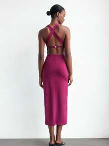 Maija Váy xẻ tà hở lưng màu trơn gợi cảm cho nữ, mùa hè - Màu tím - Xem 7