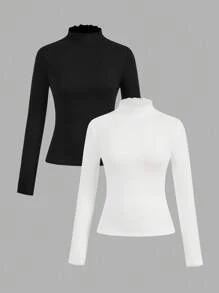 SHEIN EZwear 2 件套女士休闲黑白针织 T 恤，带保暖衬里，秋装冬装女士冬季上衣女士高领上衣高领上衣修身上衣女士长袖上衣，女士秋装 - 黑與白 - 查看 2