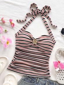 Soleia Vacation Halter Tie V-Neck Floral Metal Buckle White Knit Textured Fitted Tank Top, Suitable For Vacation, Music Festival, Bohemian, Holiday, Date, Afternoon Tea Striped Swimsuits Top Knitted Bathing Suit Top Bathing Suits Top Striped Tube Top Crochet Swimsuit Top,Party