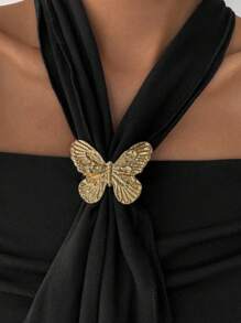 SHEIN LUNE Vestido mini ajustado con hombros descubiertos y cuello halter con decoración de mariposa de metal de moda para mujeres - Negro - Ver 6