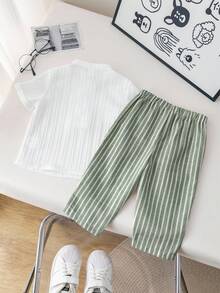 SHEIN 2 件套男婴休闲学院风灰色中式立领衬衫和条纹松紧腰裤套装，适合生日派对、晚会、表演、婚礼、迎婴派对、1 岁生日庆祝 - 彩色 - 查看 2