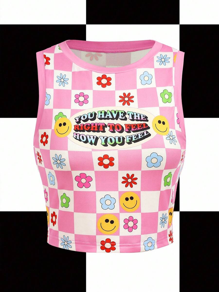 Y2Kool themindfulbutterflyy 女士粉色格纹花朵图案吊带背心 可爱上衣 Y2k Y2k 服装 女士上衣 独立美学上衣 卡哇伊上衣 Y2k 休闲上衣 - 粉色 - 查看 1