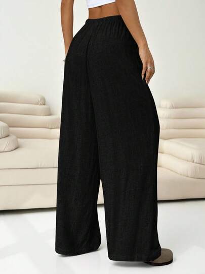 Solflare Plus Size Solid Color Casual Knotted Wide Leg Pants, Wide Leg Linen Pants,Business Casual Woman