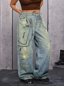 SHEIN ICON Jeans anchos casuales de talle alto con bolsillos y cadena estampada para mujer de talla grande - Azul lavado medio - Ver 6