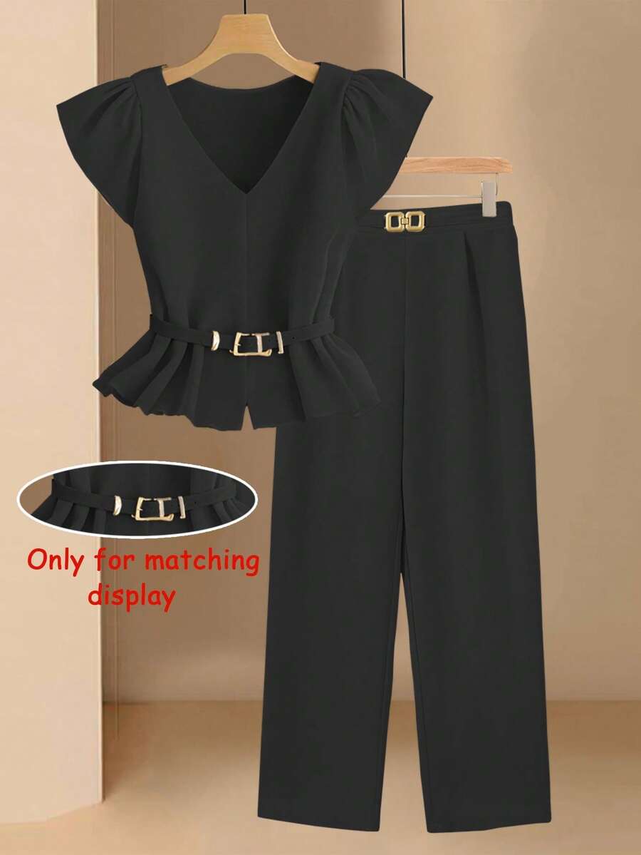 GlowEve Elegant Commuter Solid Color Cap Sleeve Top And Pants Set - Black - View 1