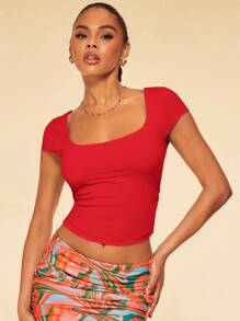 SHEIN BAE Square Neck Ruched Side Crop Tee - Red - View 5