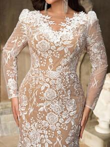 Aureia Plus Size Autumn And Winter Elegant Romantic White Sequin Embroidery Deep V Neck Leg Of Mutton Sleeves Slim Fishtail Hem Plus Tail Wedding Event Bride Beautiful Wedding Dress