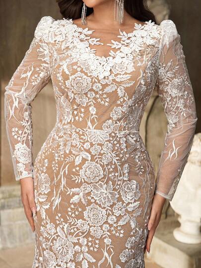 Aureia Plus Size Autumn And Winter Elegant Romantic White Sequin Embroidery Deep V Neck Leg Of Mutton Sleeves Slim Fishtail Hem Plus Tail Wedding Event Bride Beautiful Wedding Dress