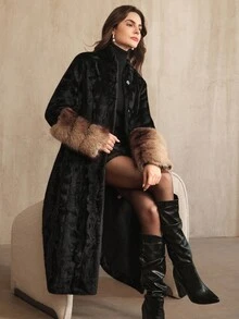 Anewsta Women's Fashionable & Elegant Long Black Faux Mink & Faux Fox Fur Cuff Jacket, Autumn/Winter - Black - View 2