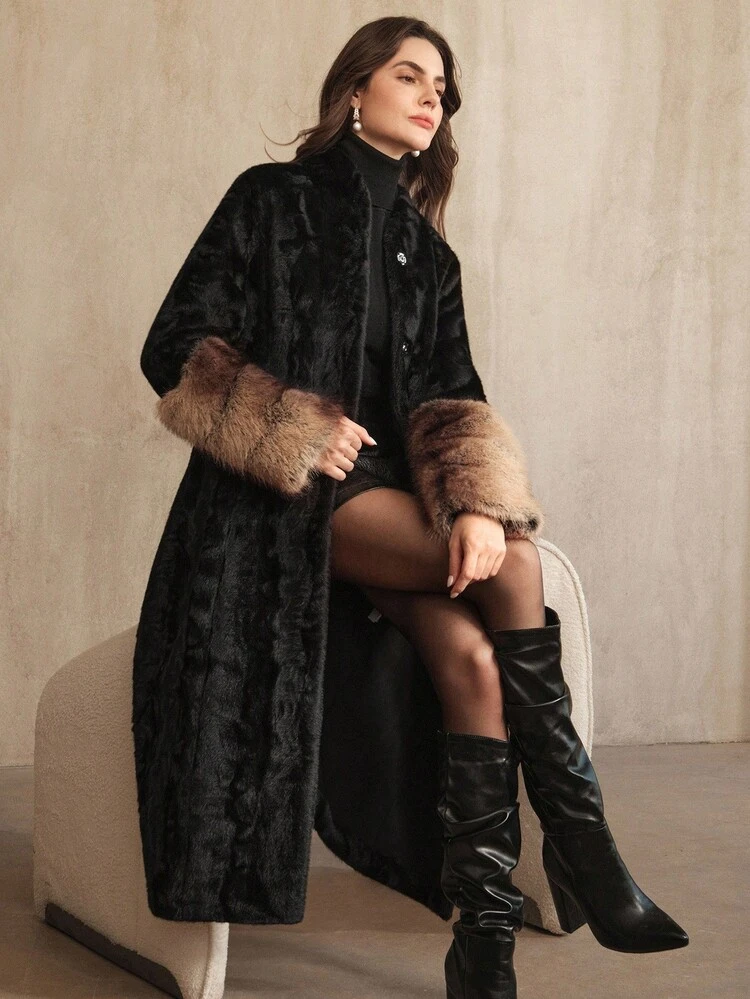 Giacca elegante e alla moda da donna in finta pelliccia di visone e volpe, con polsini in finta pelliccia, adatta per l'autunno/inverno