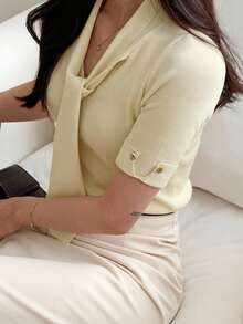 DAZY 女式修身优雅系带短袖针织上衣 - 杏色 - 查看 6