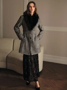 MOTF PREMIUM TWEED KONTRAST KUNSTPELZ GEGÜRTETER MANTEL - Schwarz - Übersicht 6