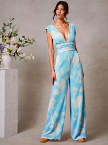 L'Amorae 优雅褶皱印花深V阔腿连体裤，女士婚礼服装，女士夏季服装 - 淺藍色 - 查看 1